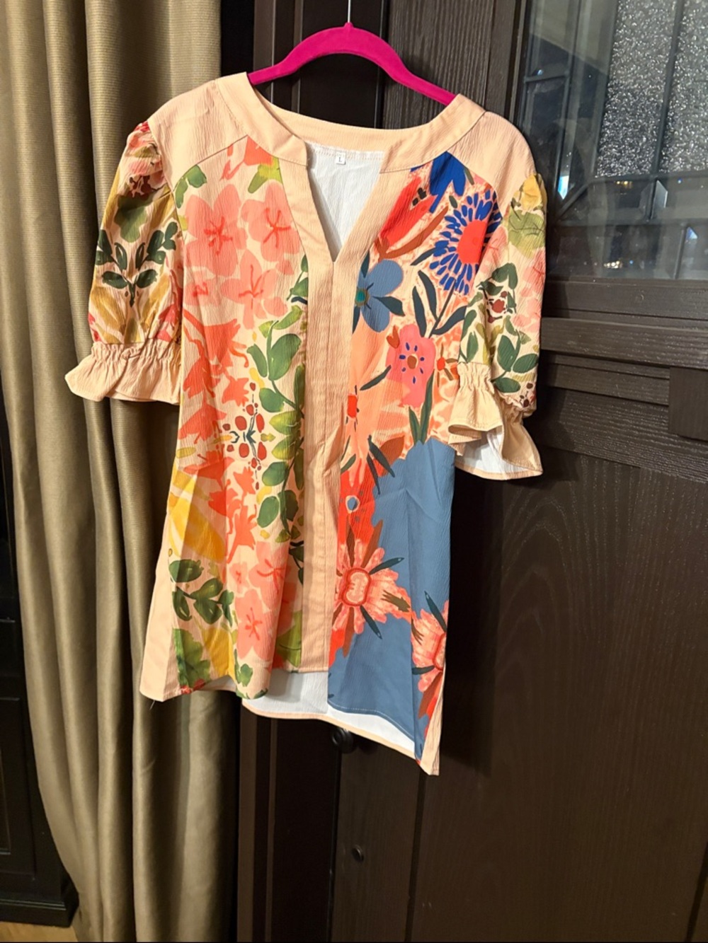 Floral Patchwork Peasant Top - Peach Multi